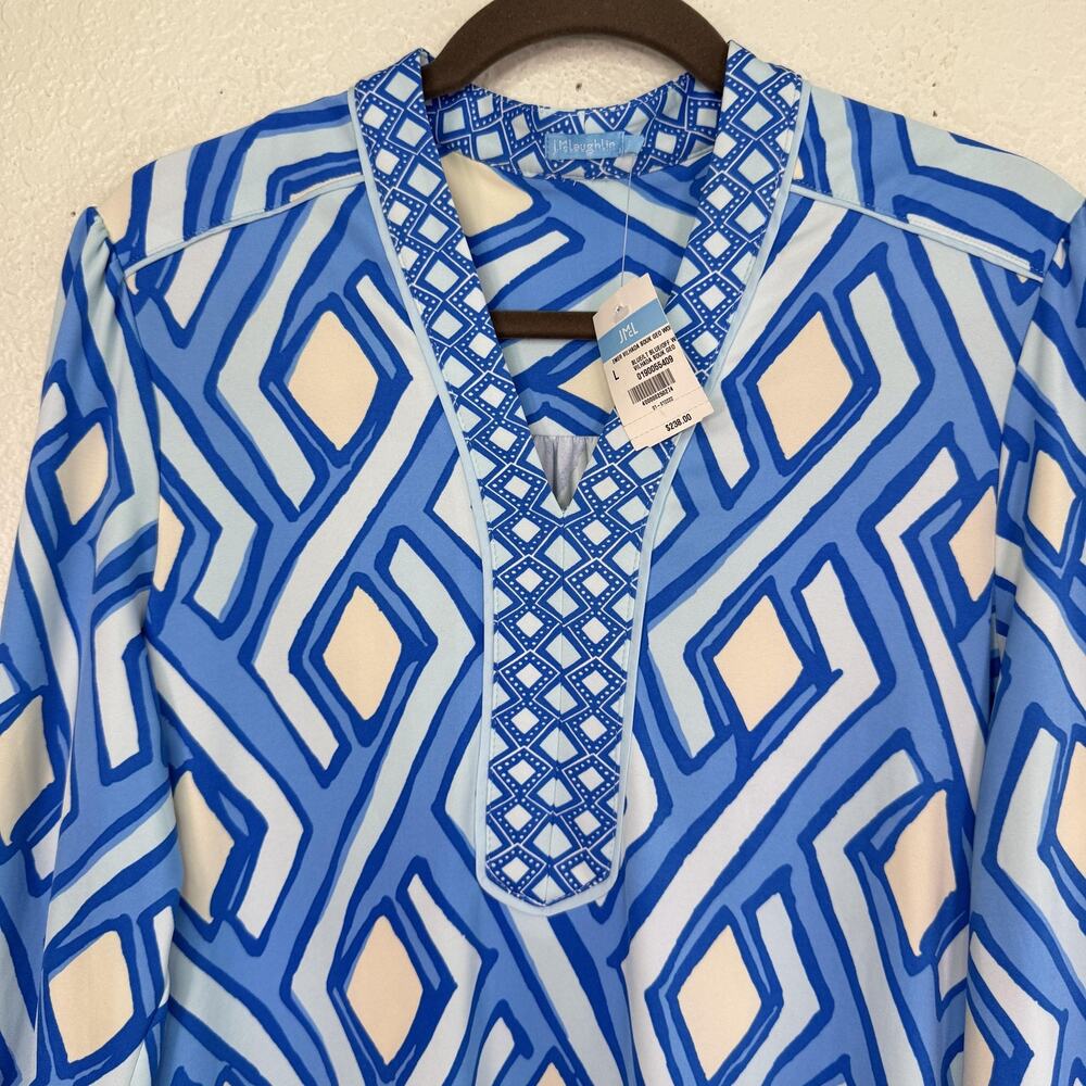 J. McLaughlin Emer Vilhada Dress Womens Large Blue Souk Geo Shift 3/4 Sleeve NEW - Picture 5 of 11